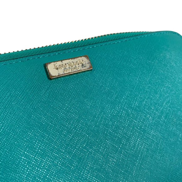 Kate Spade New York Teal Leather Zip-Around Wallet Gold Logo Hardware Womens - Picture 13 of 13